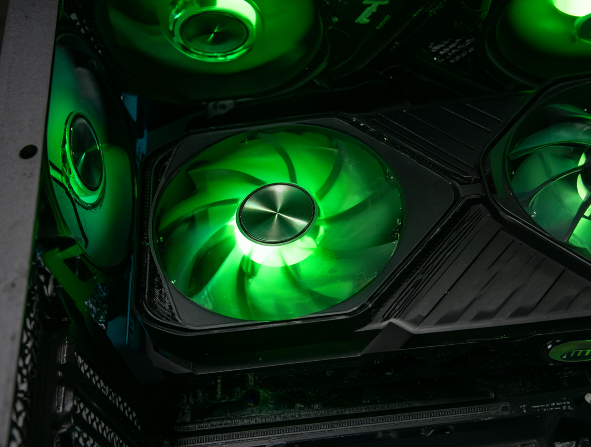 Una tarjeta gráfica RTX 3090 instalada en una placa base con ventiladores verdes girando.