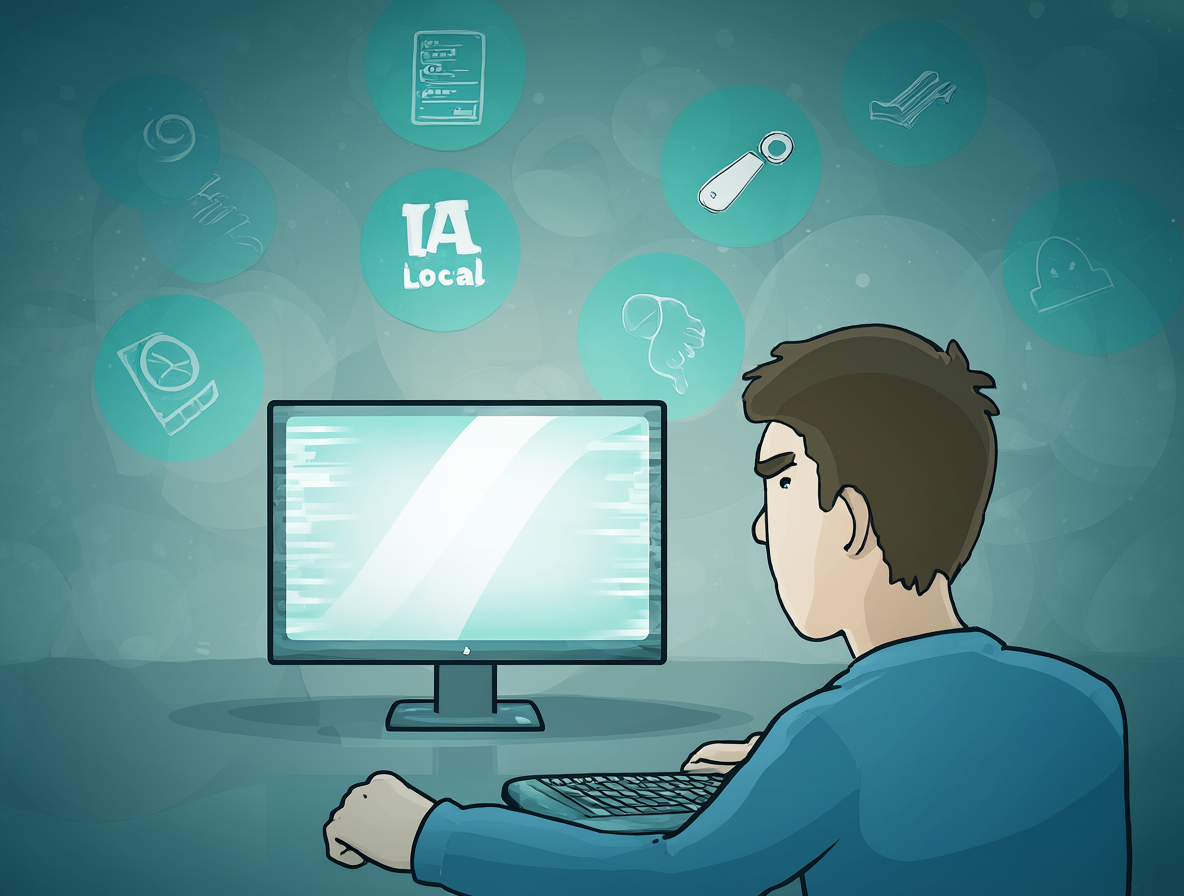 Persona frustrada frente a un monitor con iconos flotantes y desvanecidos de tecnología y bolsa.