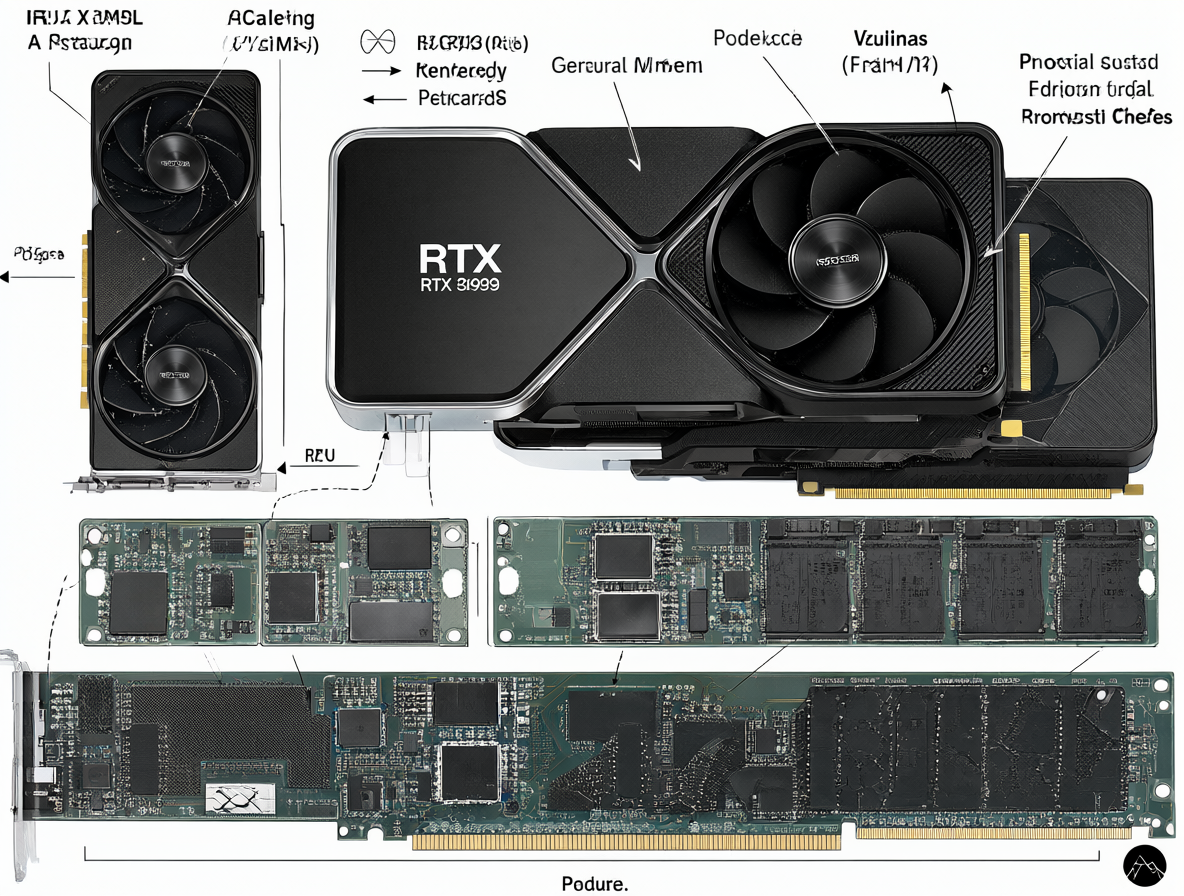 Plano detallado de una tarjeta gráfica RTX 3090 mostrando su uso de VRAM y ancho de banda de memoria comparado con modelos estándar.