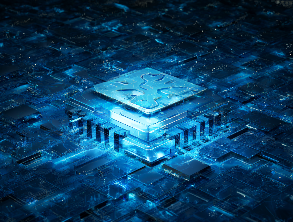 Vista futurista de chips de IA avanzados optimizados ejecutando modelos complejos.