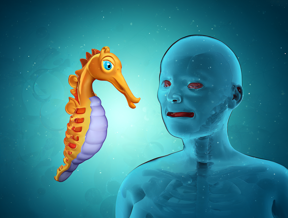 Modelo de inteligencia artificial mirando fijamente un emoji de caballito de mar