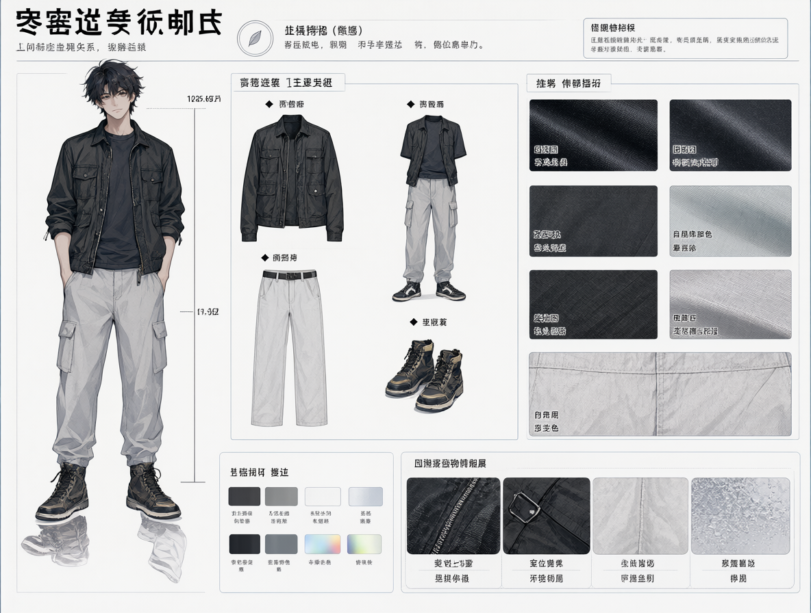 Un gráfico digital mostrando una interfaz de IA analizando la ropa de un personaje, con fragmentos de texto flotando que describen los tipos de tela y el corte de la prenda.