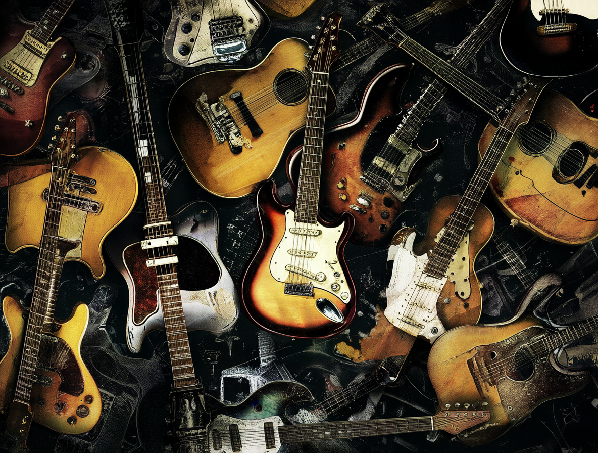 Portadas de dos películas de los Beatles junto a varias guitarras eléctricas