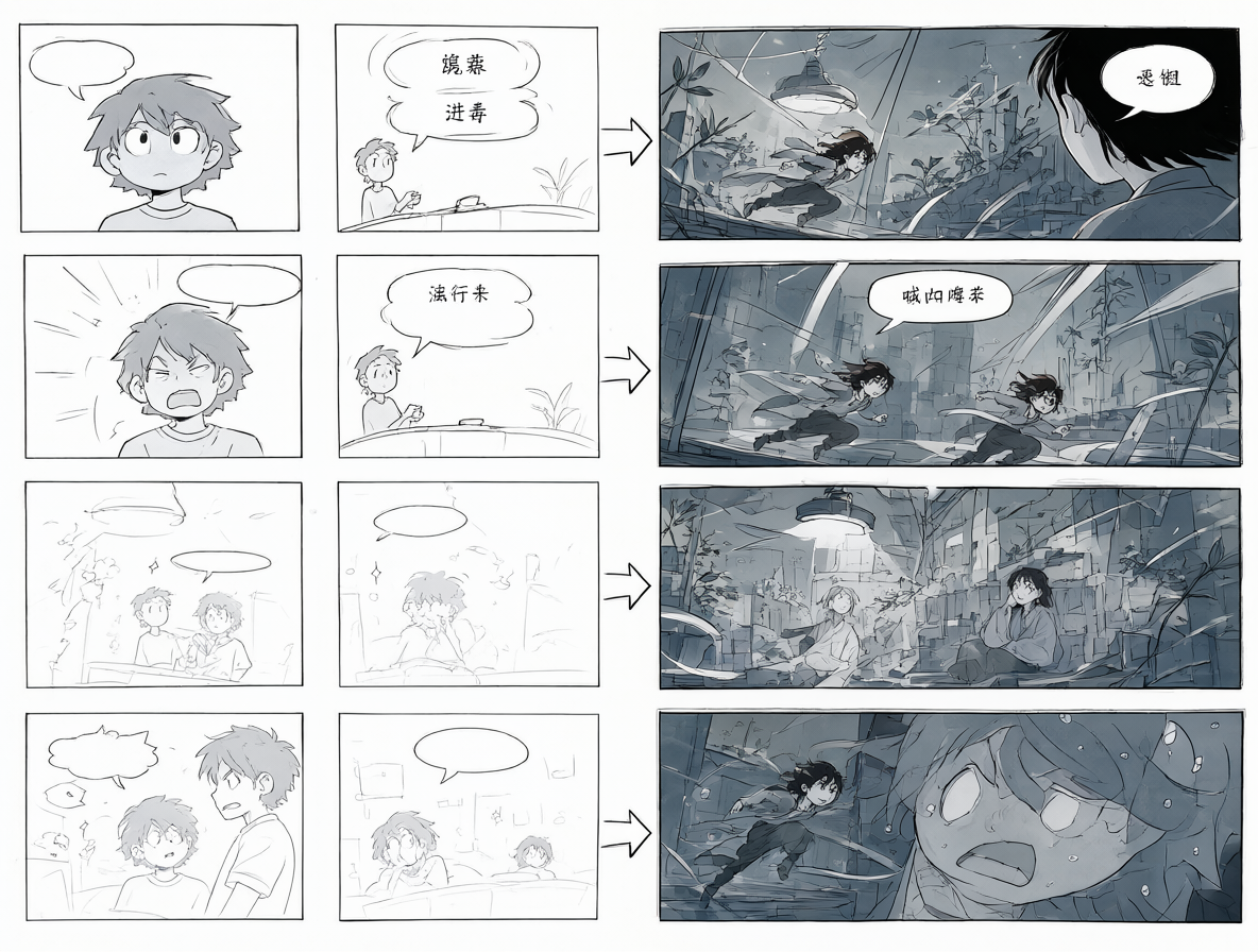 Imagen dividida mostrando la conversión de viñetas de cómic a planos de storyboard.