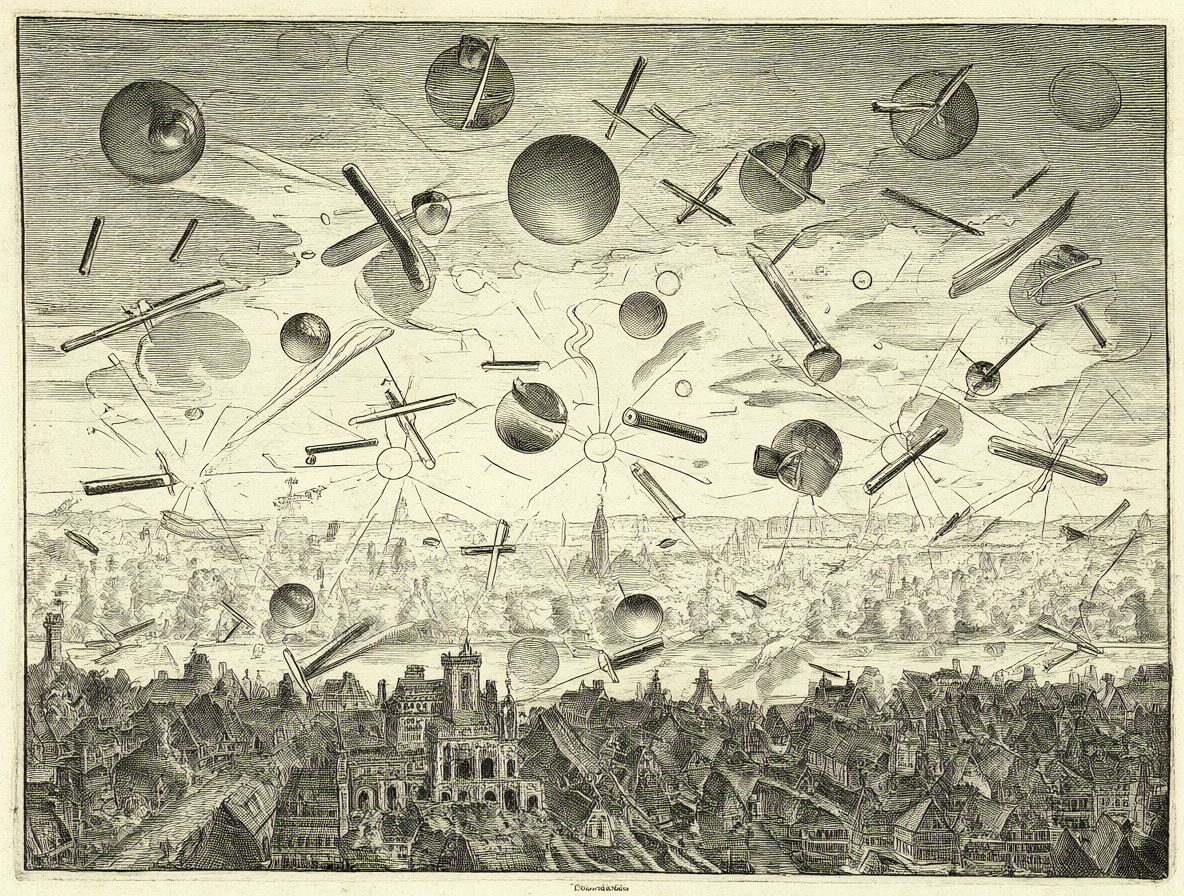 Vista del grabado histórico de 1561 con esferas y cilindros en el cielo de una ciudad.