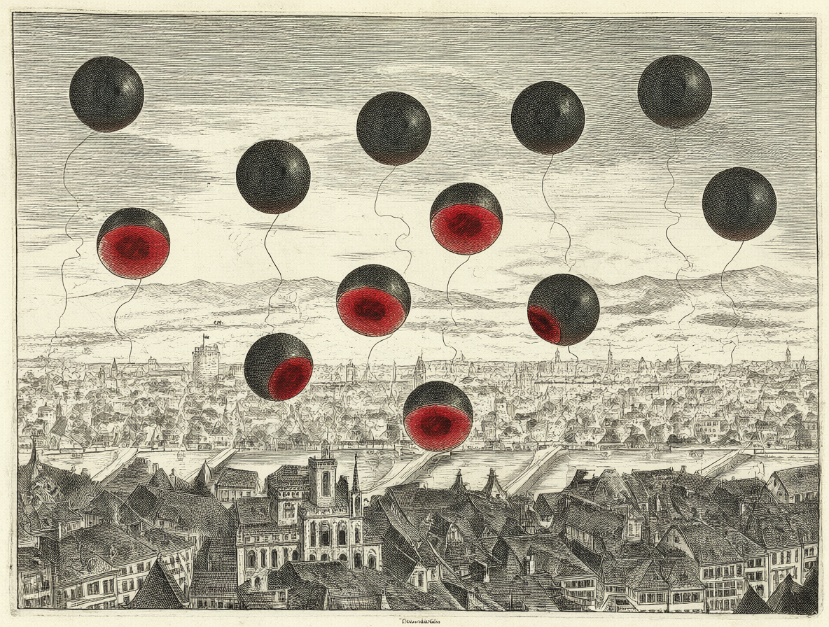 Vista del grabado histórico de 1566 con esferas rojas y negras chocando sobre una ciudad.