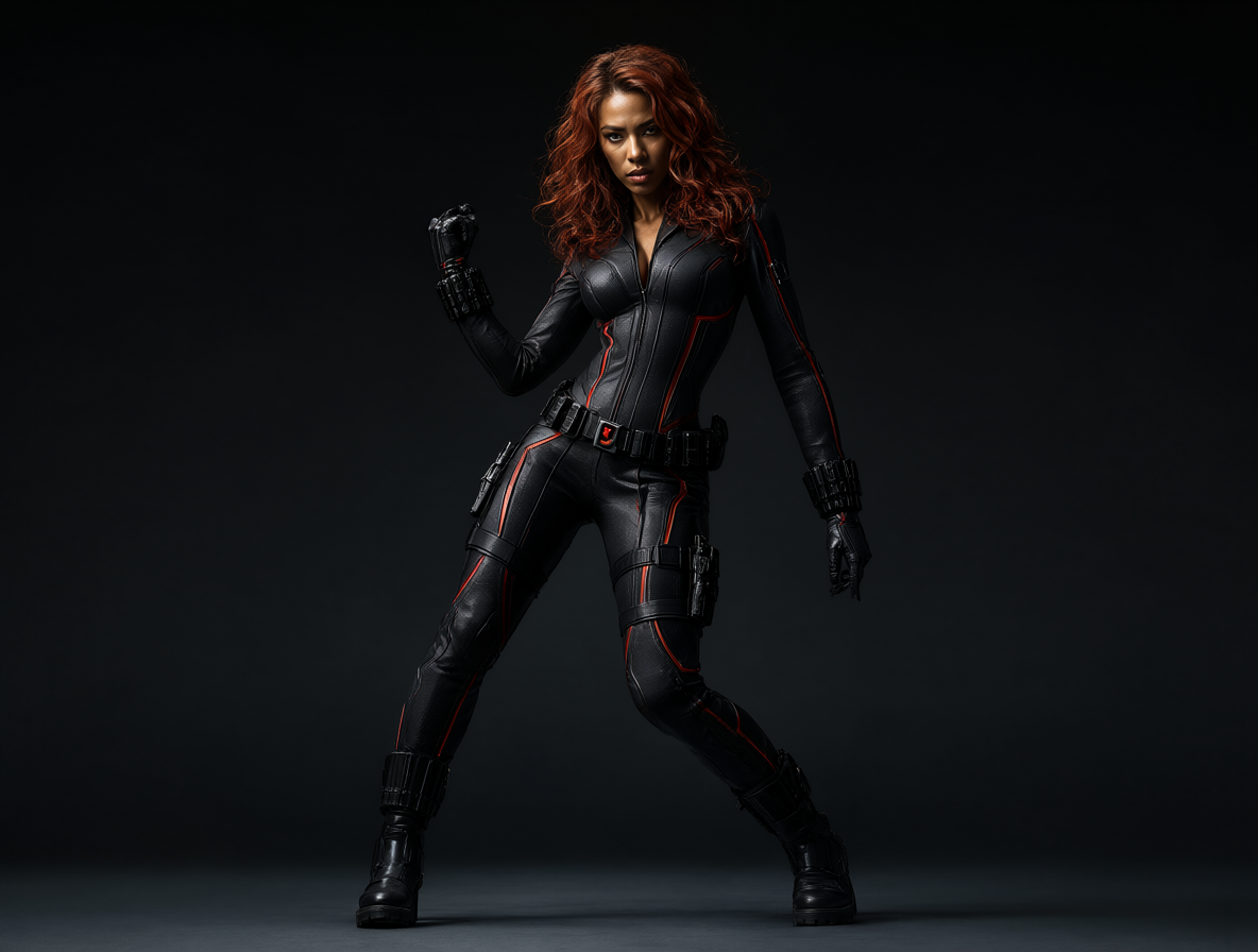 Retrato completo de Black Widow con su jumpsuit clásico y una postura dinámica.