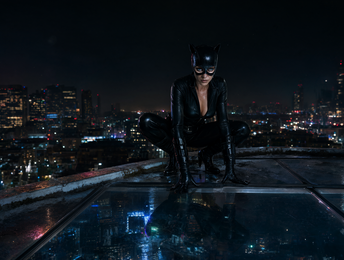 Escenario urbano nocturno con Catwoman en su traje negro sobre una azotea mojada.