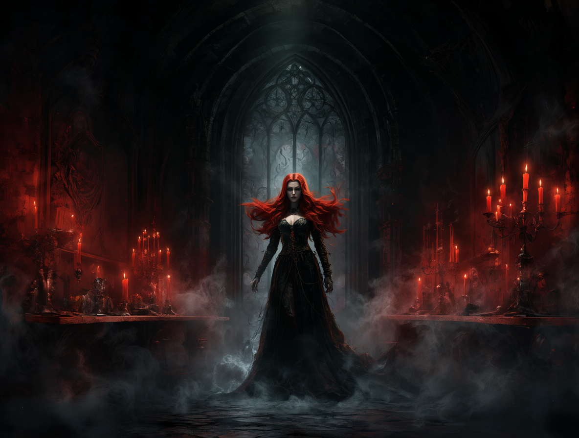 Interior de una mansión oscura con Scarlet Witch rodeada de velas rojas y humo.