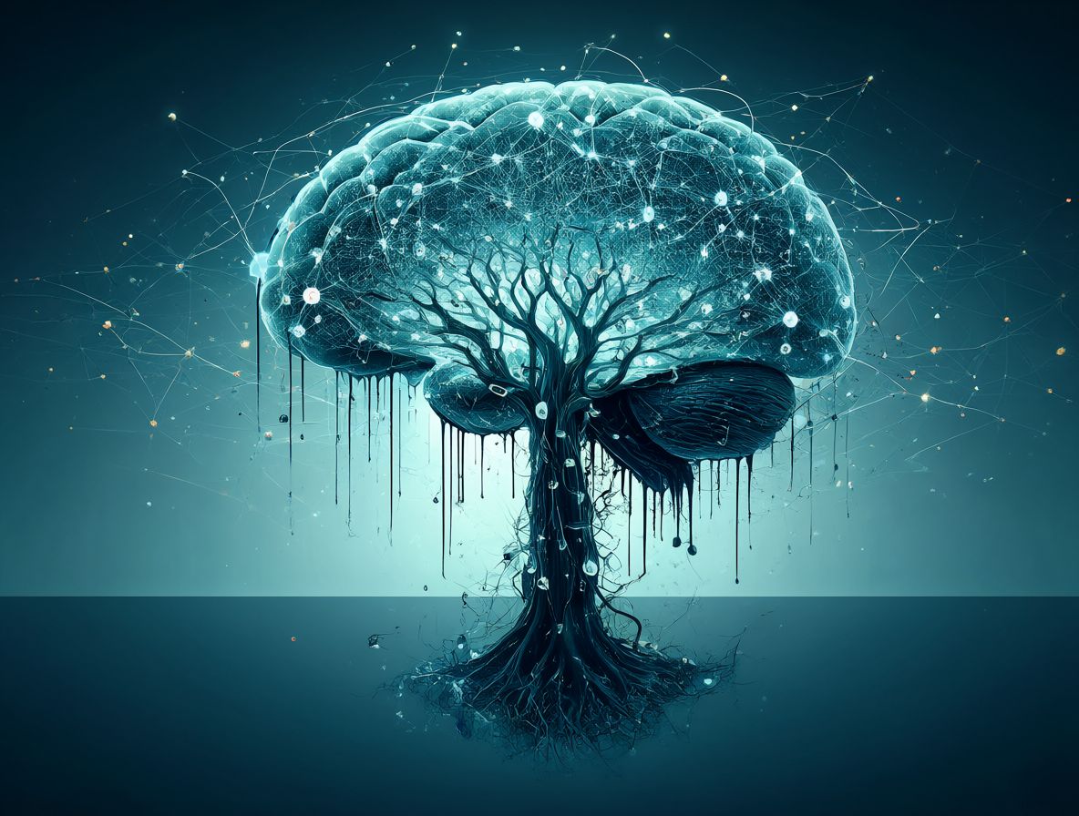 Diagrama abstracto de una red neuronal digital con raíces oscuras cayendo hacia abajo