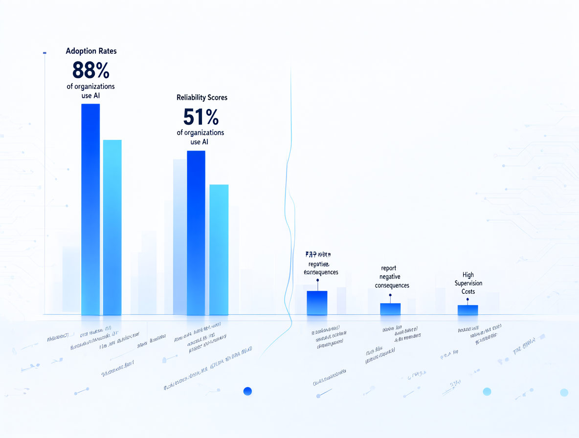 Infografía moderna mostrando estadísticas de adopción versus fiabilidad de la IA