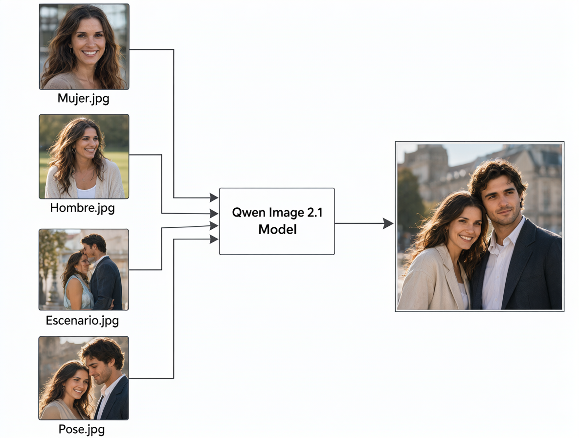 Diagrama técnico mostrando cómo se combinan cuatro fotos de entrada en un modelo de IA para obtener una imagen final.