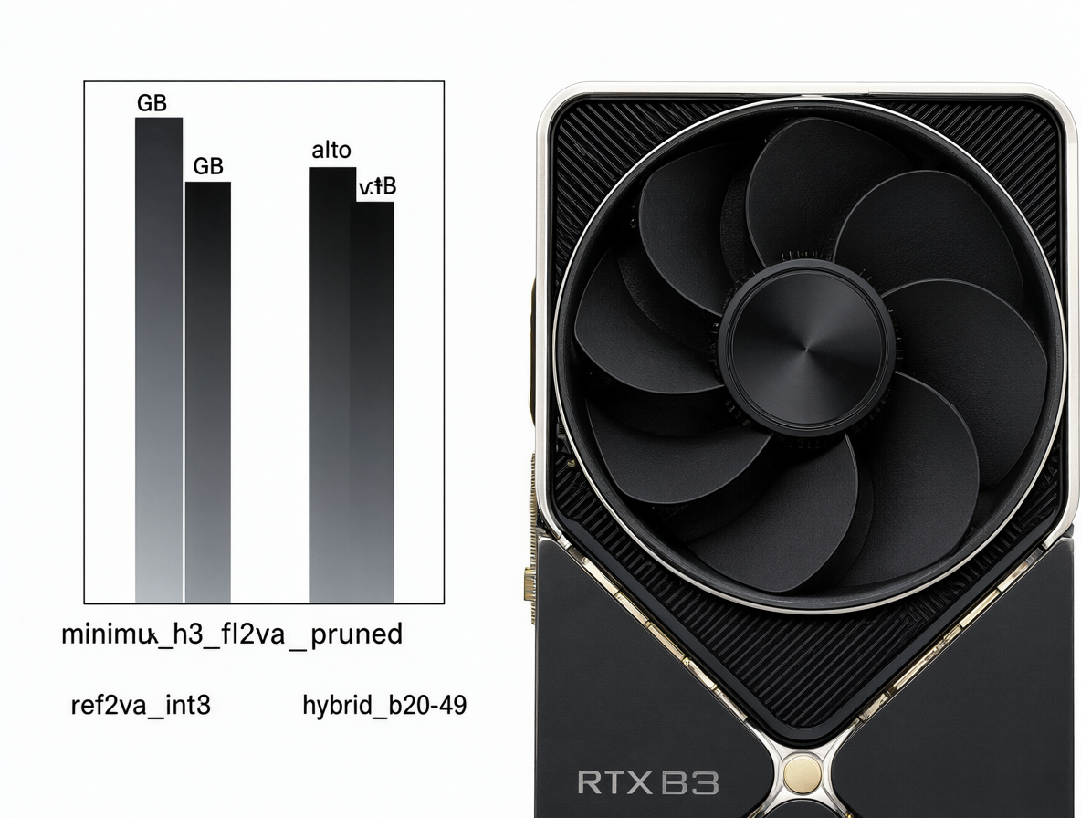 Imagen de una tarjeta gráfica RTX 3090 junto a un gráfico de barras que compara el uso de VRAM entre los diferentes checkpoints del modelo MiniMax H3.