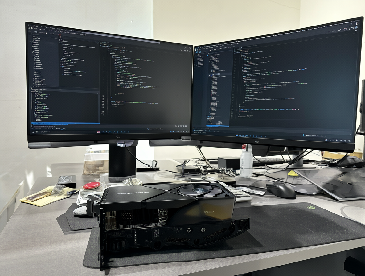 Foto de un escritorio con una tarjeta gráfica RTX 3090 y monitores mostrando código.
