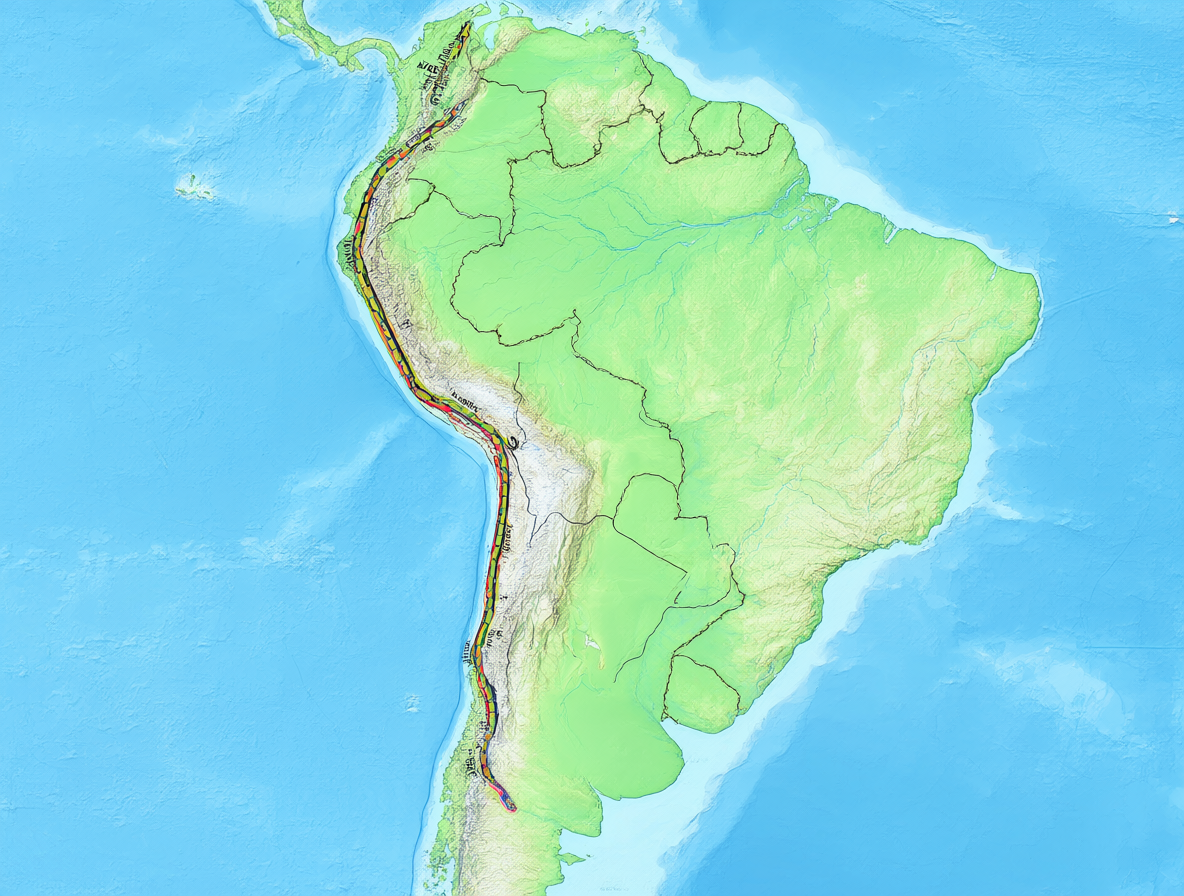 Mapa geográfico mostrando las rutas ferroviarias propuestas en Sudamérica.