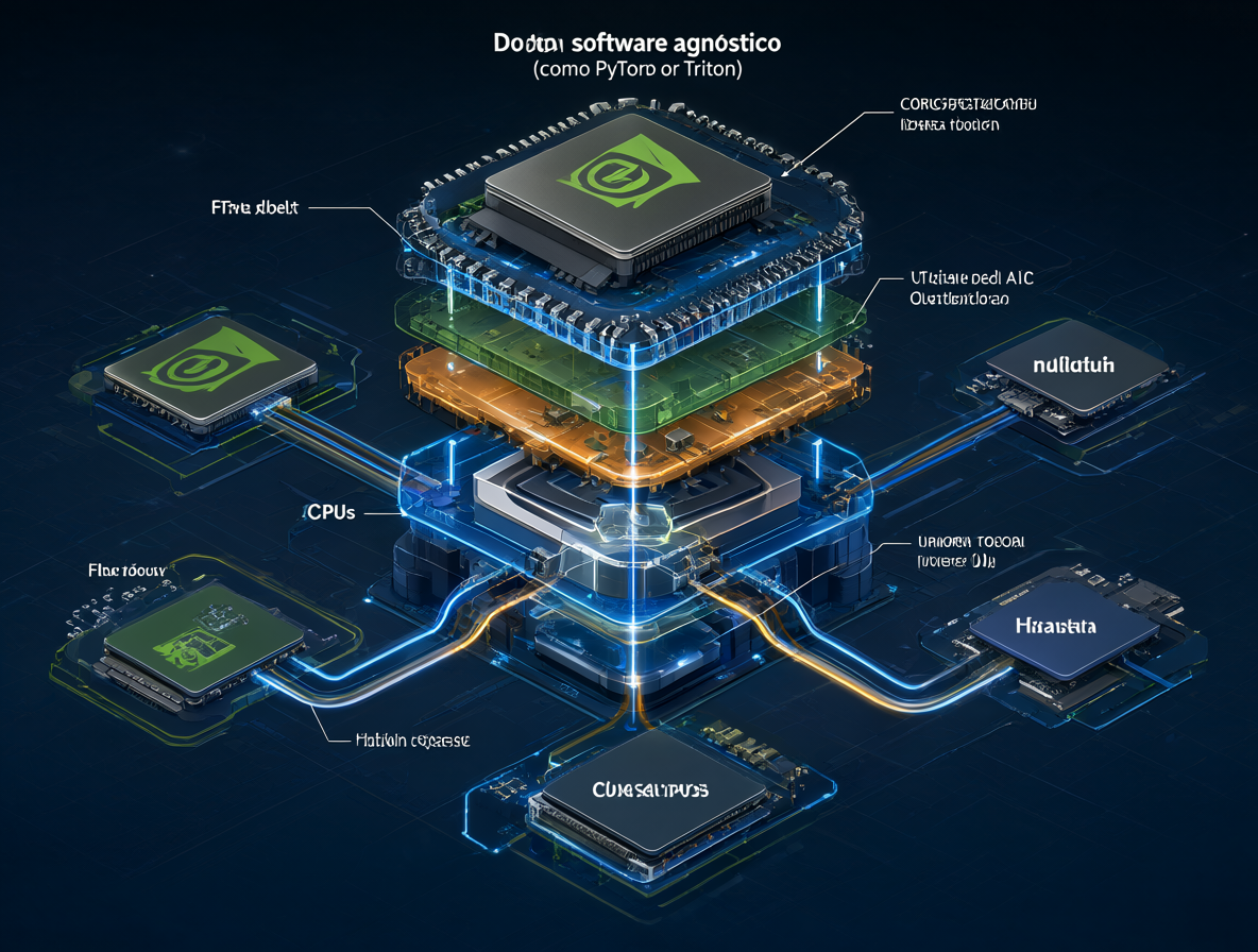Diagrama de pila tecnológica mostrando la adaptabilidad de Nvidia ante múltiples aceleradores.