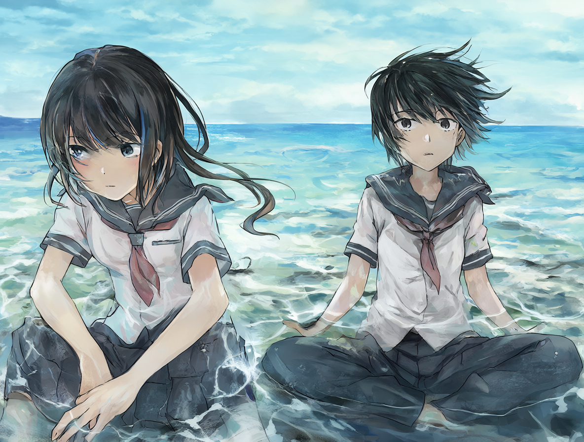 Los protagonistas Koume e Isobe contemplando la playa