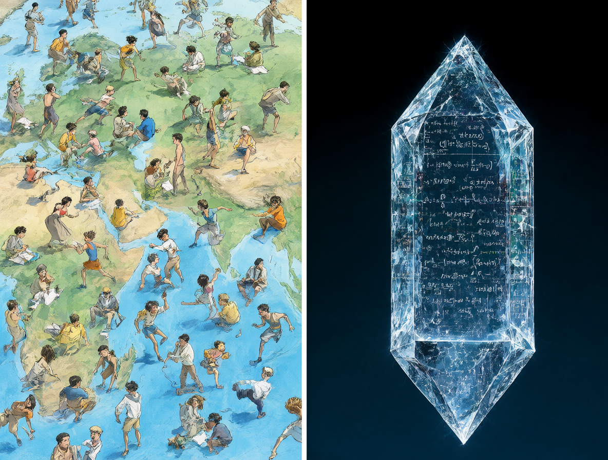 A split-screen comparison showing distributed human culture on one side and a compressed digital crystal of AI memory on the other.