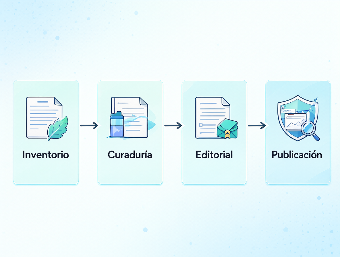 Diagrama de flujo que ilustra las cuatro etapas del proceso de creación de contenido automatizado.