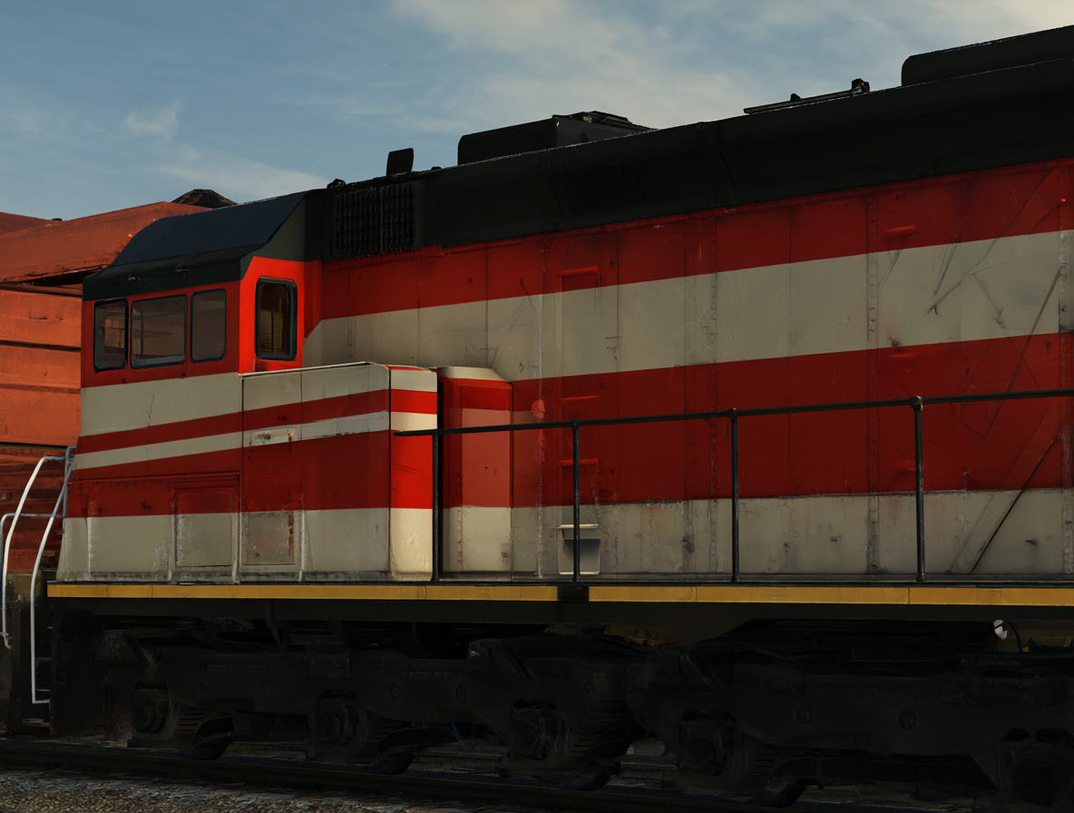 Una vista cercana del enorme tren de carga rojo y blanco de GTA V.