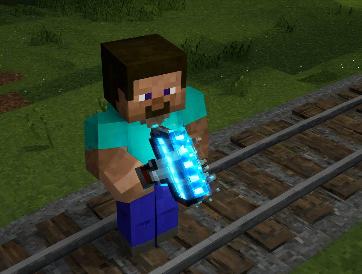 El personaje Steve de Minecraft en las vías con una herramienta brillante que representa la modificación del juego.