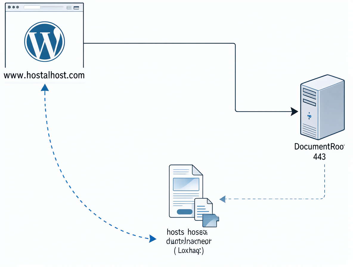 Diagrama técnico del flujo de red para un entorno local con dominio personalizado.