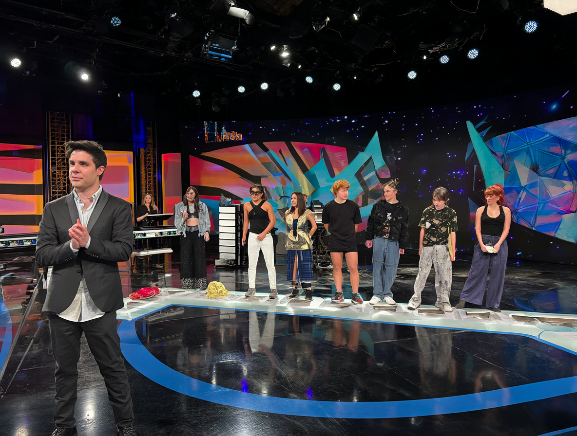 El presentador conduciendo el programa en un estudio de televisión.