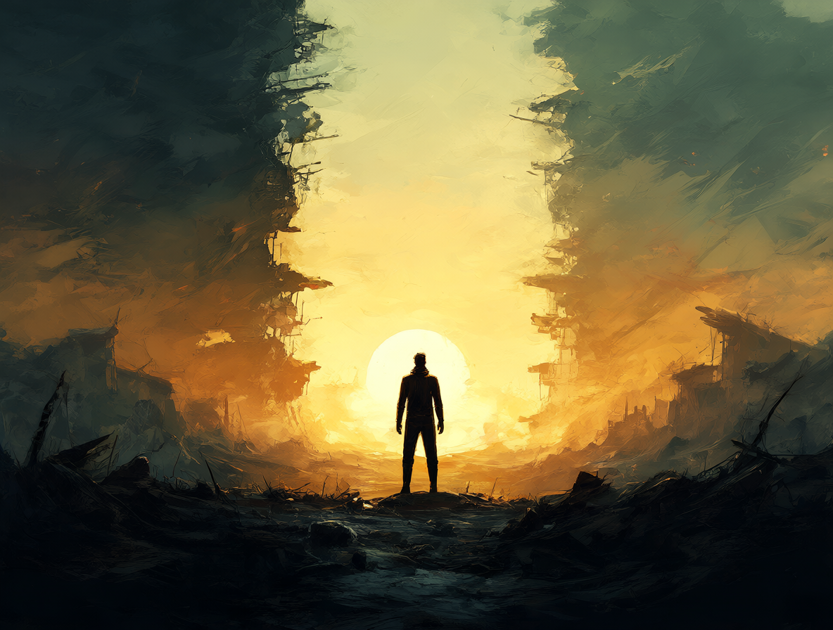 Una ilustración artística de un personaje humano en la frontera entre dos mundos, bajo un amanecer esperanzador.