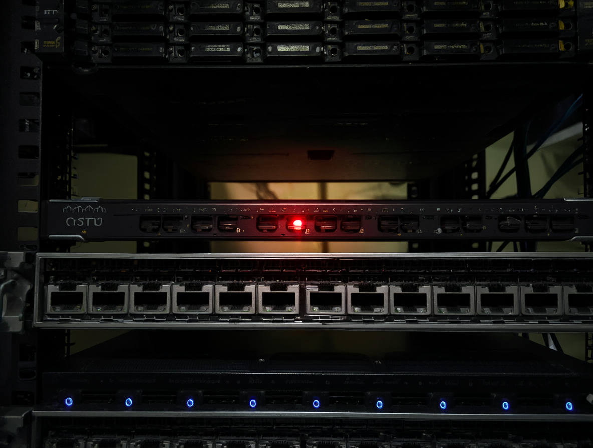 Rack de servidores mostrando un switch Ethernet Cisco comprometido