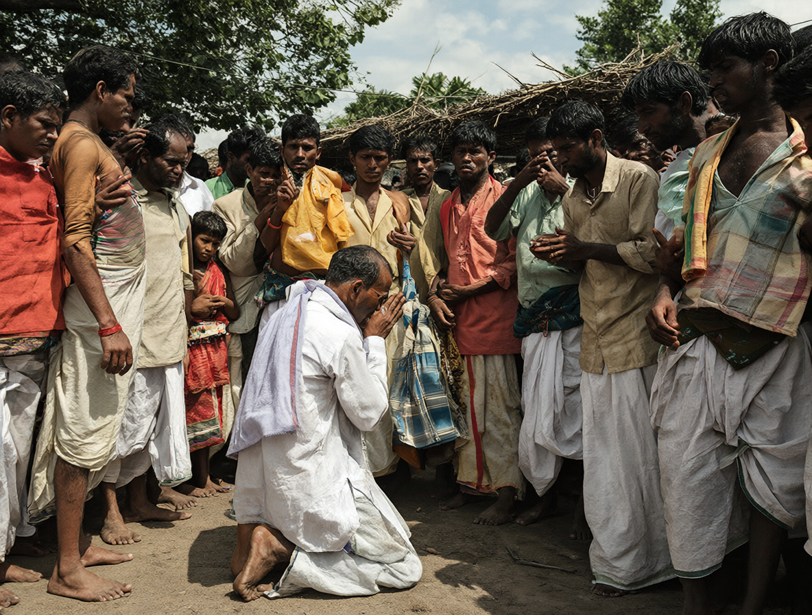 Pastor siendo confrontado por manifestantes en una aldea india.