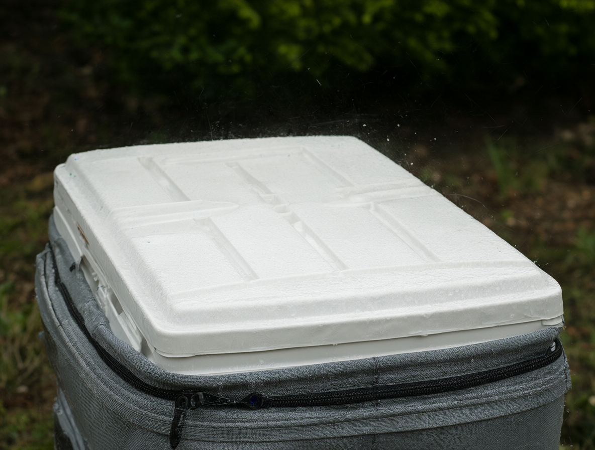 Una nevera portátil de plástico blanco en el exterior bajo la lluvia.