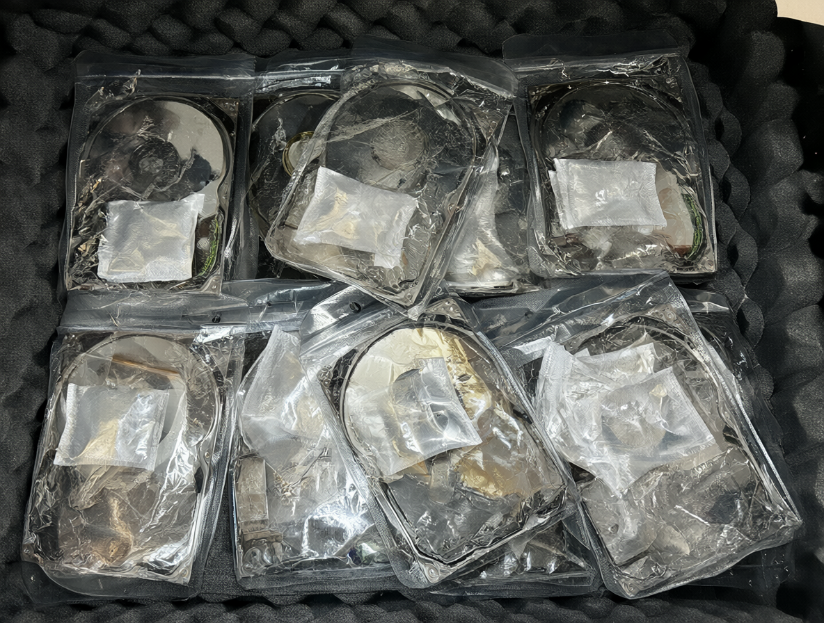 Varios discos duros dentro de una caja estanca con desecantes y espuma.