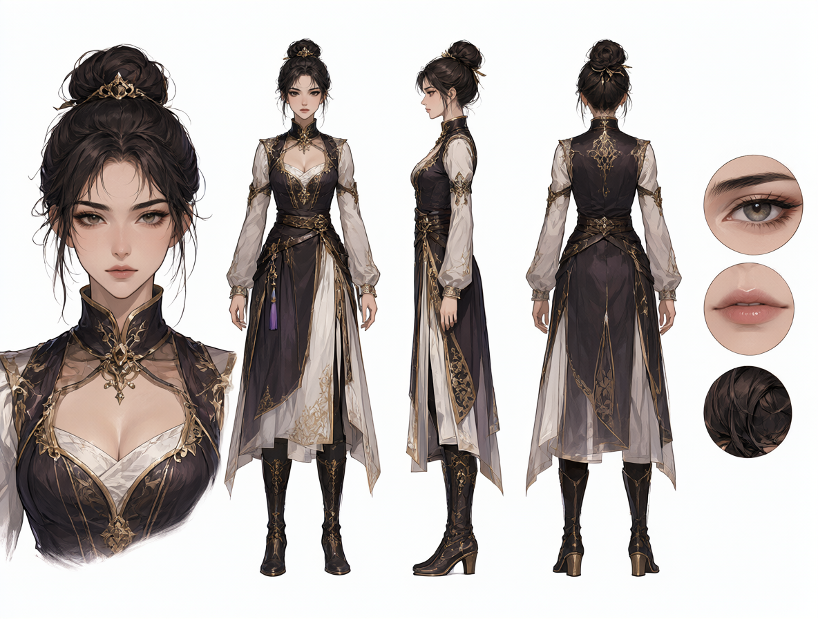 Digital illustration of a complex character sheet with multiple views and details.