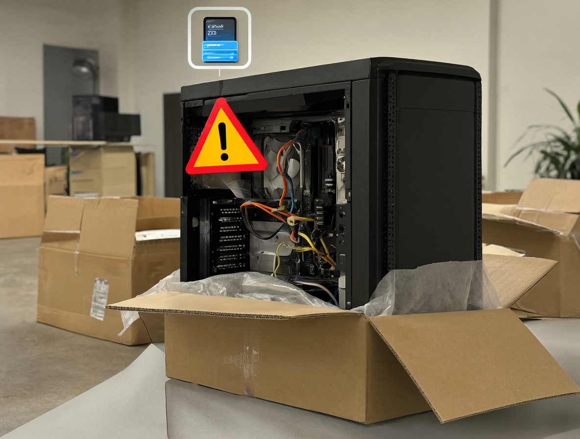 Una torre de PC siendo empaquetada para su traslado