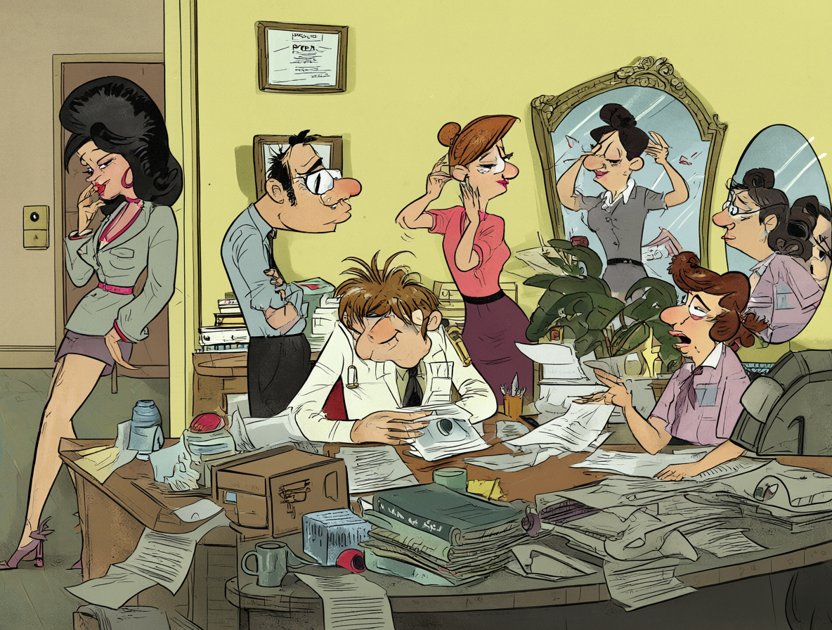 Ilustración del personaje clásico Artemio y su equipo de trabajo en una oficina de los años 60.