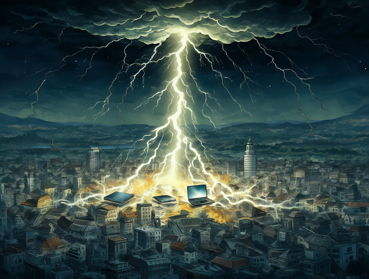Vista de una tormenta eléctrica golpeando una ciudad moderna.