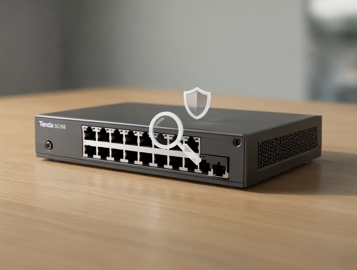 Un switch de red Tenda SG108 sobre una mesa de madera con iconos de lupa y escudo en el fondo, representando un análisis de seguridad.