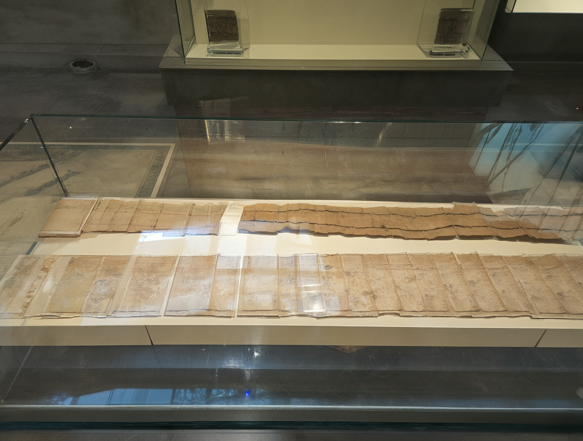 Varios rollos de papiro antiguo expuestos dentro de una vitrina de cristal en un museo.