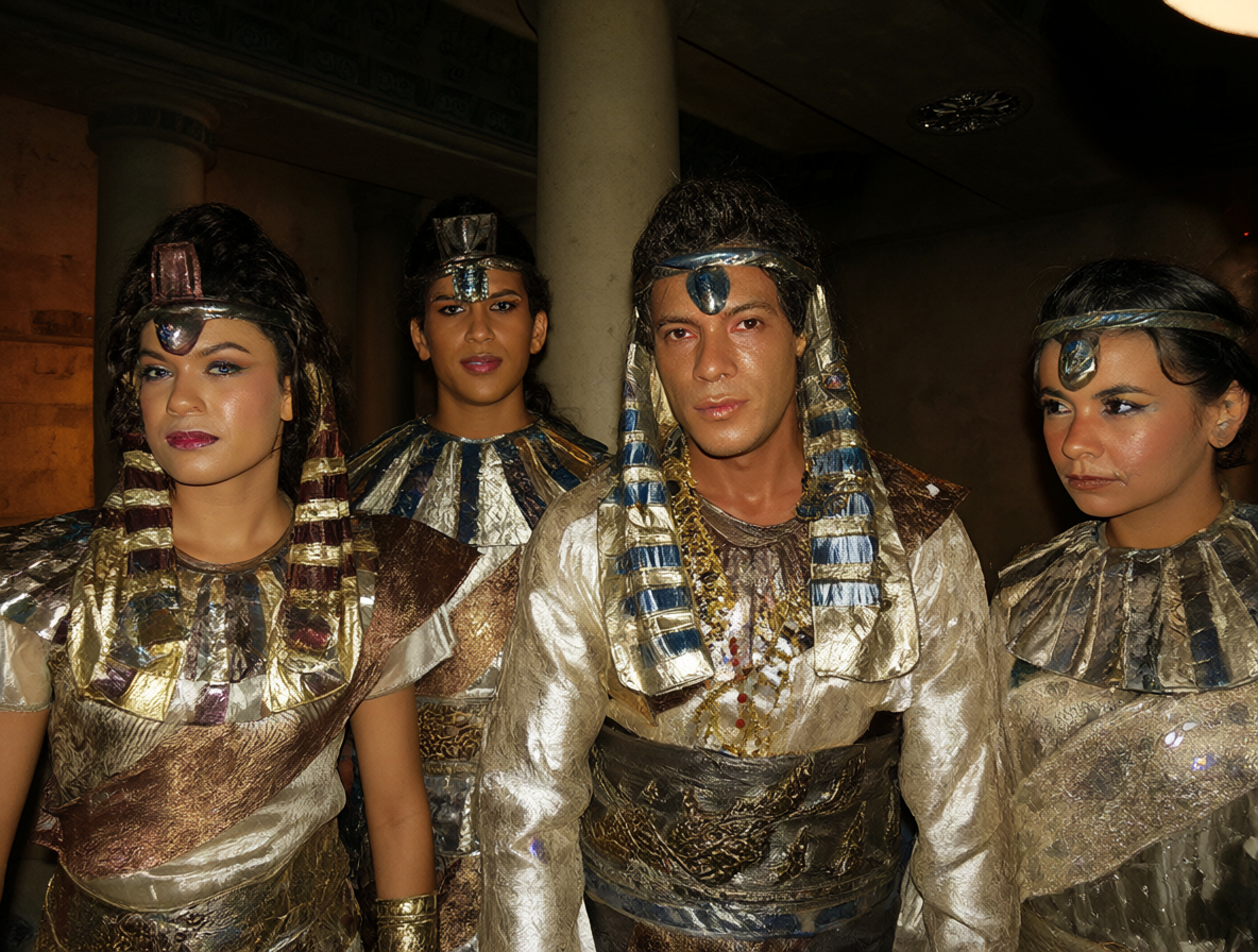 Actores vistiendo túnicas egipcias sobre un set de filmación al aire libre.