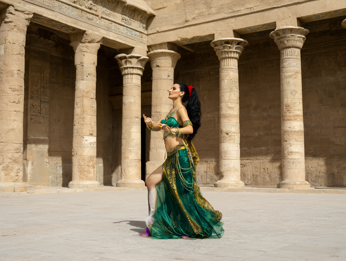 Una bailarina moderna realizando coreografías de danza del vientre dentro de un patio palaciego antiguo.