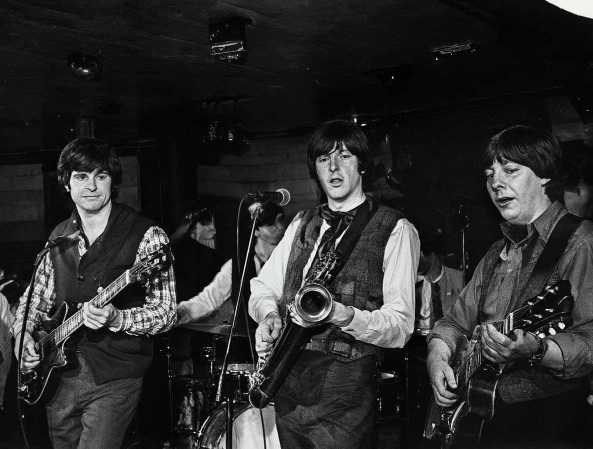 Fotografía en blanco y negro de The Beatles tocando en el Cavern Club en 1962.