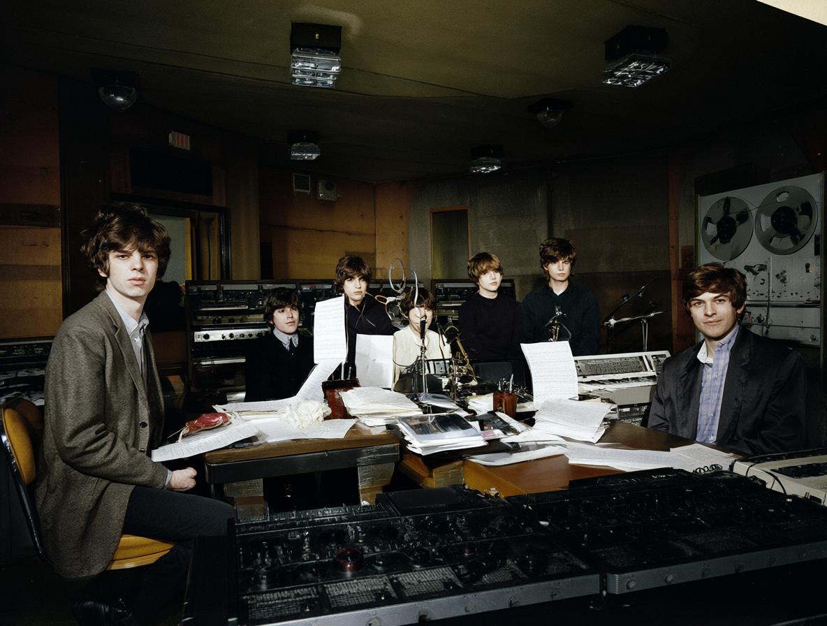 The Beatles en el estudio con máquinas de cinta, sintetizadores y partituras experimentales.