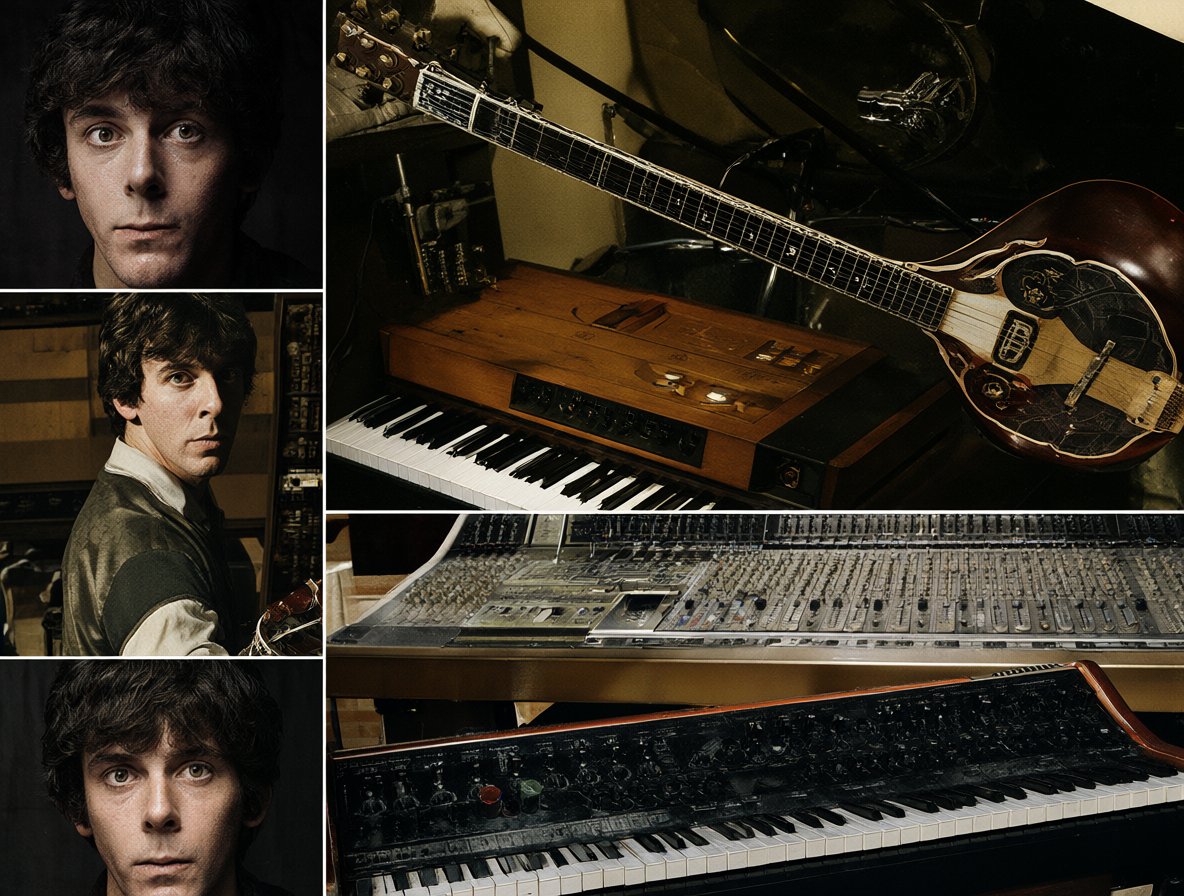 Collage mostrando un sitar, un Mellotron y un sintetizador Moog sobre una mesa de mezclas.