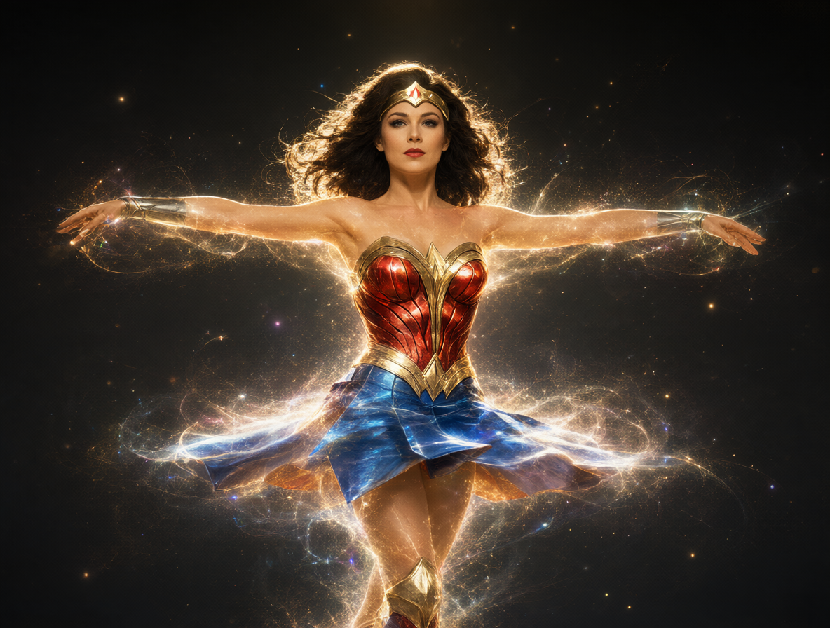 Mujer girando para transformarse en Wonder Woman