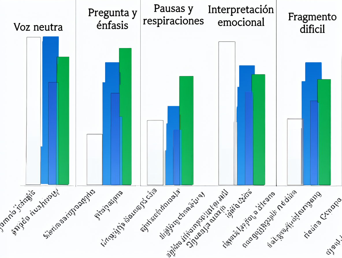 Gráfico de validación mostrando las pruebas de voz neutra, énfasis, pausas, emoción y fragmentos difíciles.