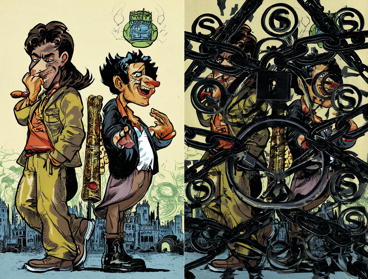 Ilustración dividida mostrando a Dylan Dog y Groucho Marx contrastando con símbolos de propiedad intelectual.