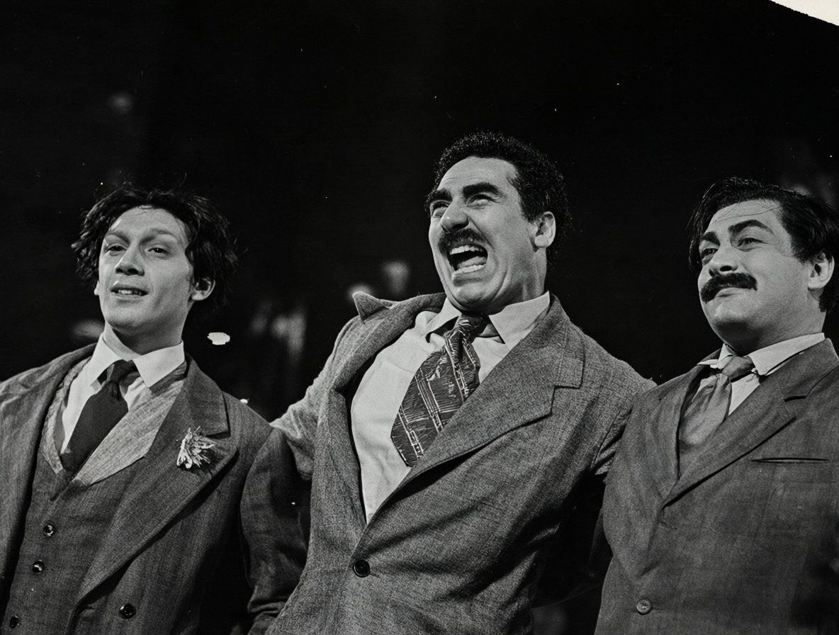 Foto antigua de los hermanos Marx actuando en un teatro.