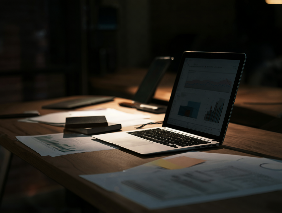 Freelancer revisando datos de marketing en un portátil con iluminación tenue