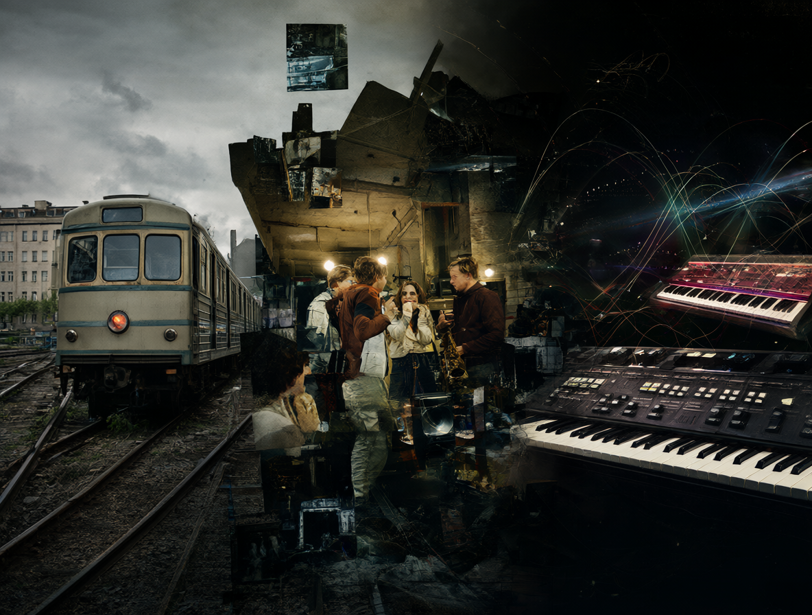Una composición artística que combina un tren metropolitano, músicos de los ochenta y formas abstractas de sintetizadores en un entorno urbano gris.
