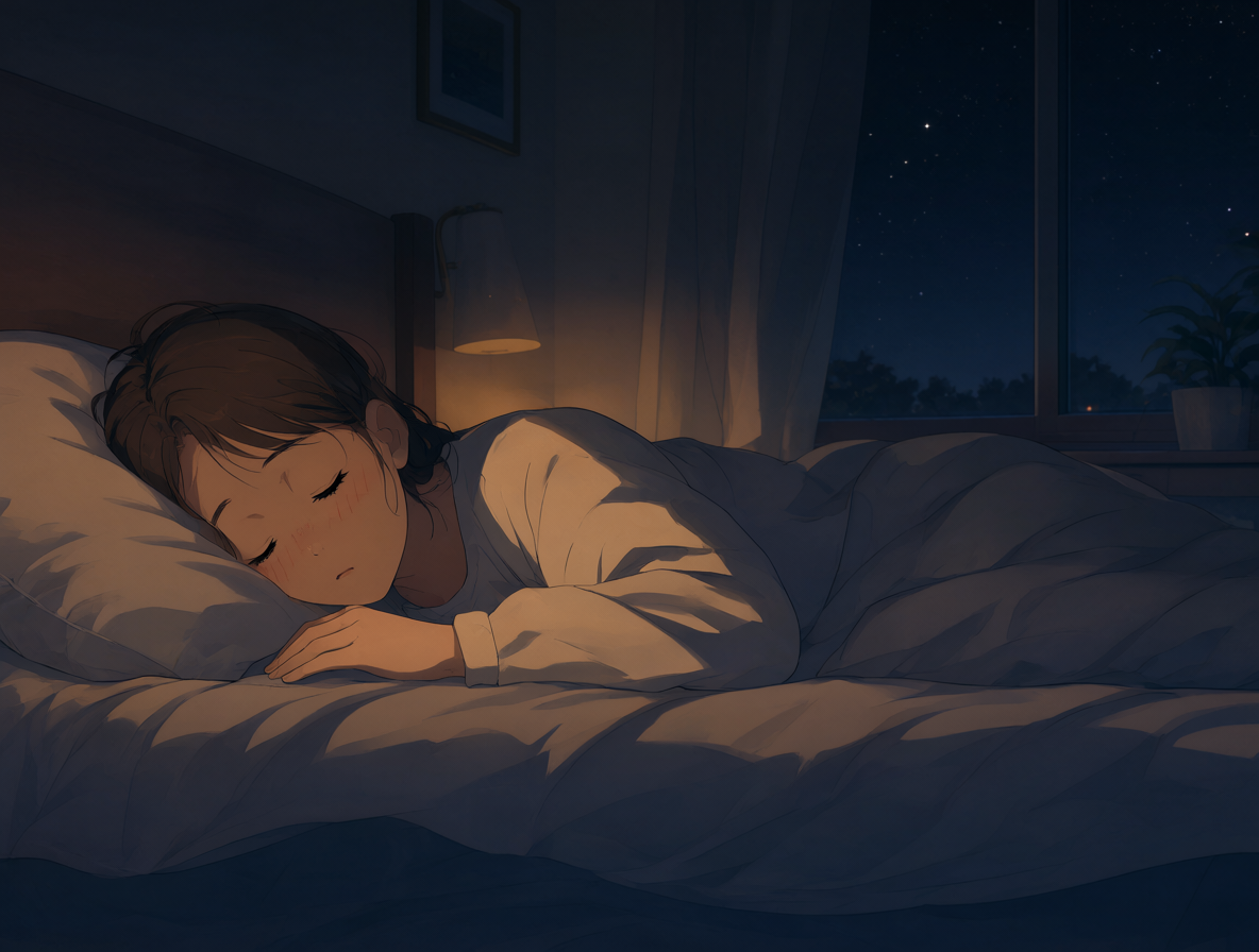 Persona relajada practicando respiración profunda en un ambiente nocturno y tranquilo.